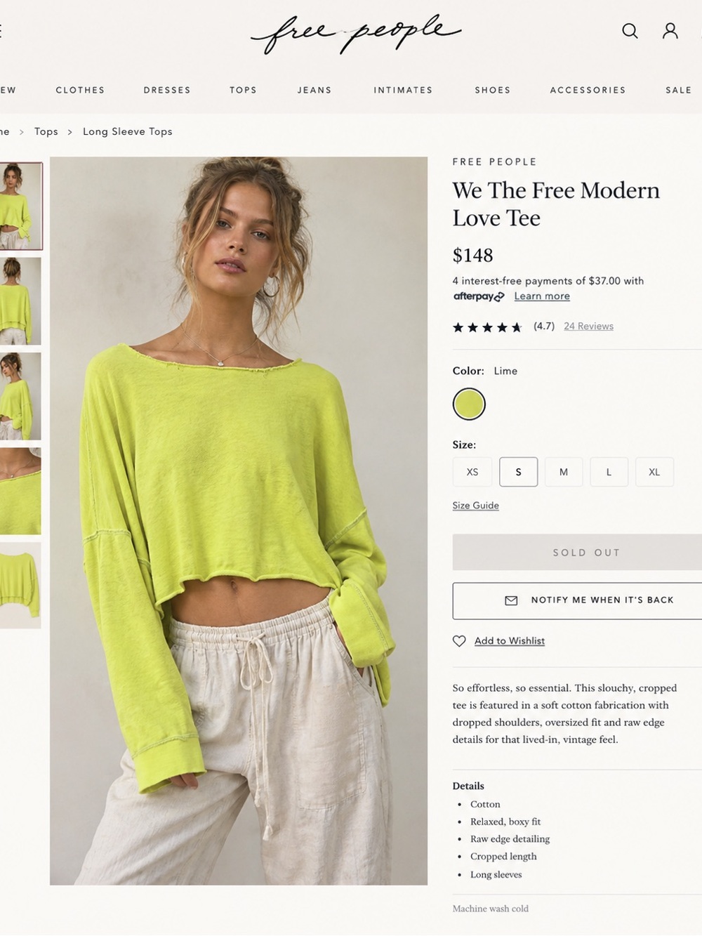 Free People Lime Cropped Long Sleeve Tee